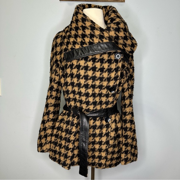 MaxMara Wool Alpaca Houndstooth Tweed Leather Trimmed Belted Shawl Collar Coat 8 - Picture 1 of 11